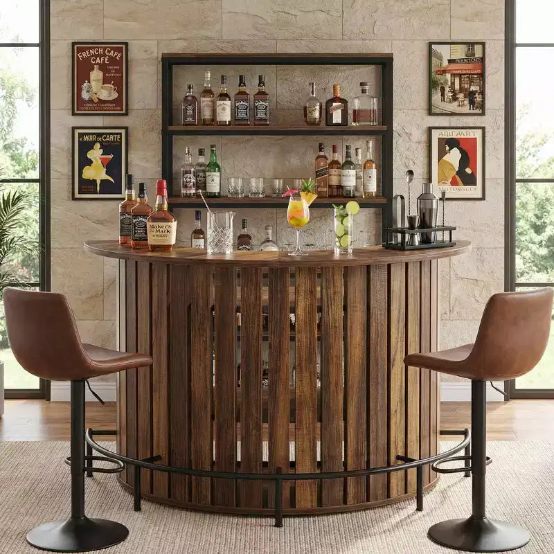 Arc-Shaped 4-Tier Storage Mini Bar Table, Modern Rustic Home Bar Cabinet with Footrest & MDF Construction