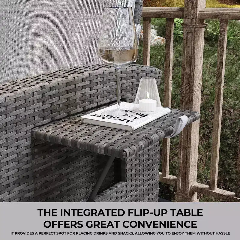 Indoor Outdoor Wicker Recliner Chair with Flip-Up Table Air Pump 155 Lay Flat, Adjustable Wicker Lounge Recliner Chair with Backrest and Footrest