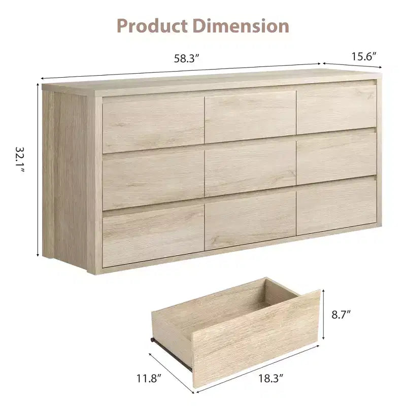 9 Drawer Dresser for Bedroom, Wide Modern Wooden Chest of Drawers with Large Storage, Wood Dresser Organizer for Living Room, Hallway, Entryway