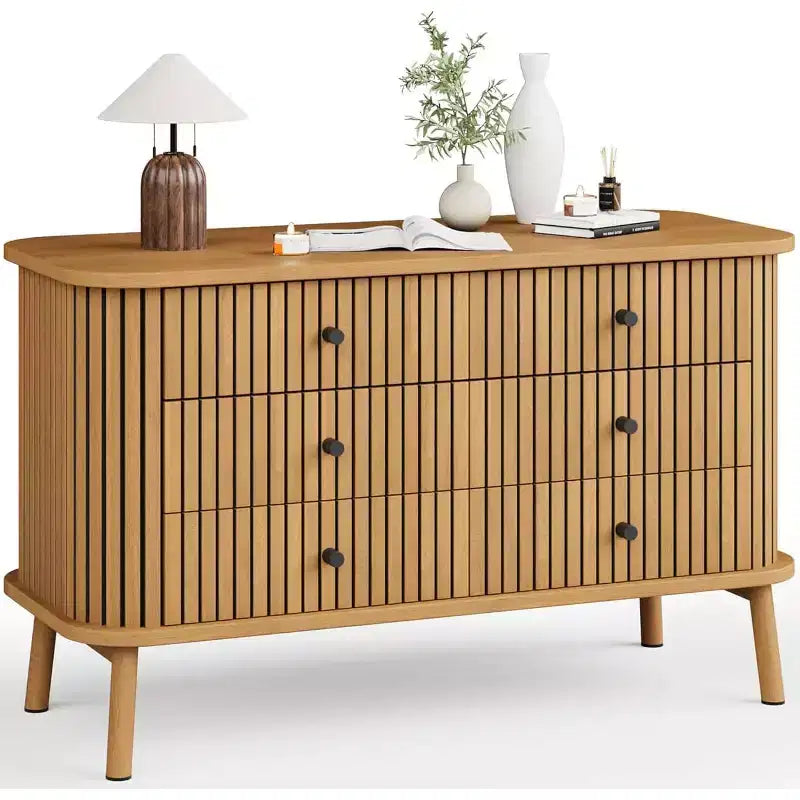 Dresser, 6 Drawer Horizontal Chest with Black Handles & Wooden Legs, Natural Wood Look
