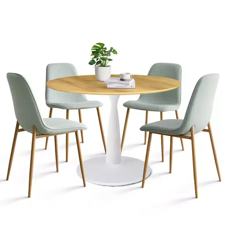 5-Piece Round Dining Set, 37 Pedestal Table with Wood-Look Top and Upholstered Curved Chairs, Modern Style-Panipeachy