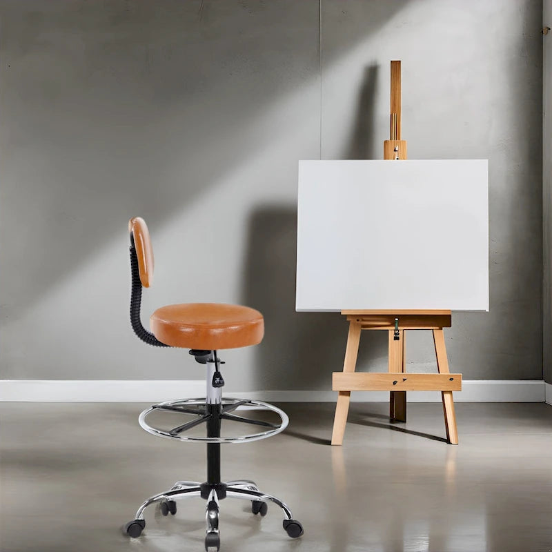 Height Adjustable Drafting Stool - With Premium Leather, Rolling Wheels