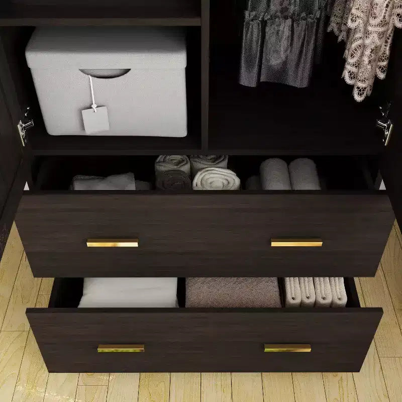 Hitow Armoire Double Drawer Mirrored Door Closet Zoned Storage