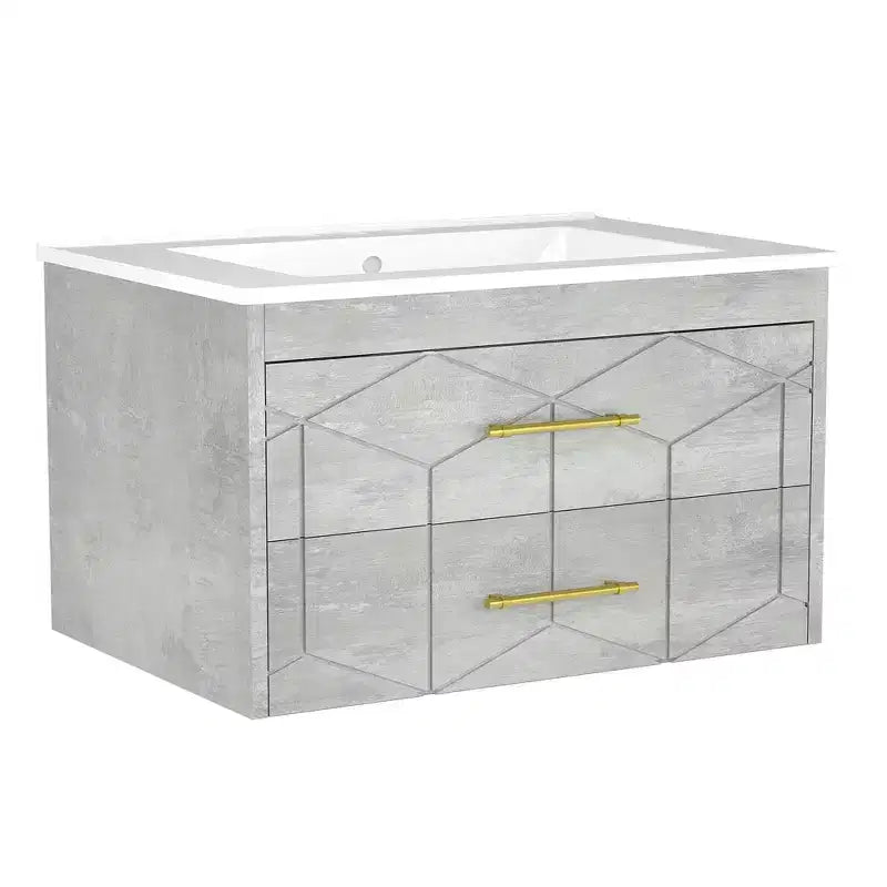 Modern Floating Bathroom Vanity Set with Basin - Wall-Mounted Cabinet with Soft-Close Storage Drawer and Gold Handle, 24 or 30 Size