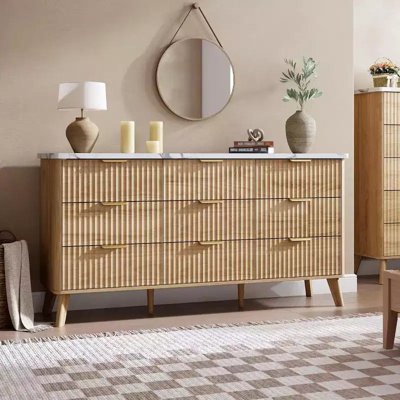 Fluted 9-Drawer Dresser, 60.6 Wide Wood Chest of Drawers with Deep Storage, for Bedroom, Living Room, or Hallway Use