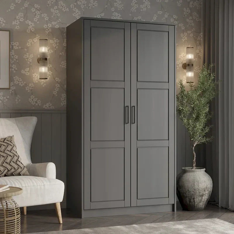 100% Solid Wood 2-Door Urban Wardrobe Armoire with Solid and Mirrored Doors