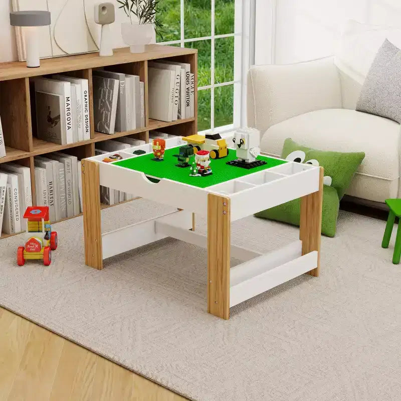 Kids 2-in-1 Activity Play Table with 7 Storage Compartments - LEGO Compatible Building Block & Whiteboard Table, White & Green