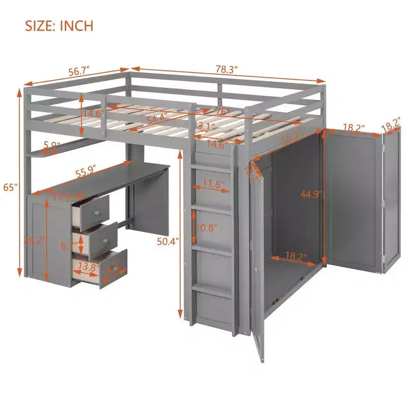 CLIHOME Full size Loft Bed with 3 Storage Drawers, Desk and Wardrobe