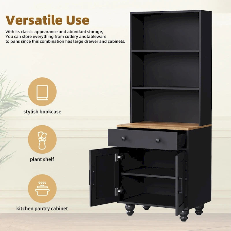 Black + Dark Walnut Farmhouse TV Entertainment Center with Bookshelves & Tempered Glass Doors for TVs Up to 70