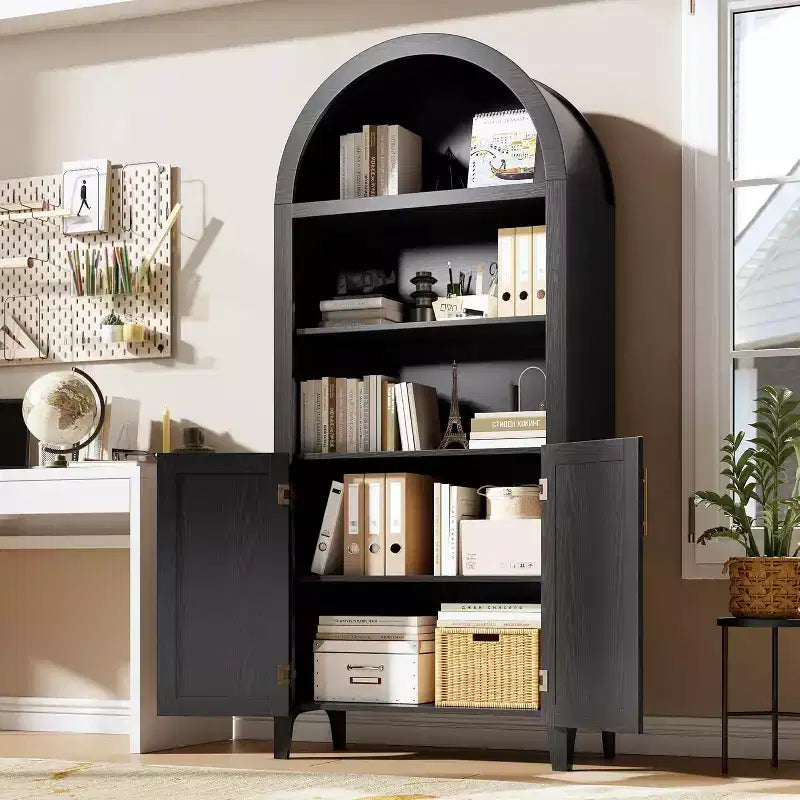 Acekool Arched Pantry Cabinet with Rattan Doors, 5-Tier Farmhouse Storage Cabinet for Kitchen Dining Living Room
