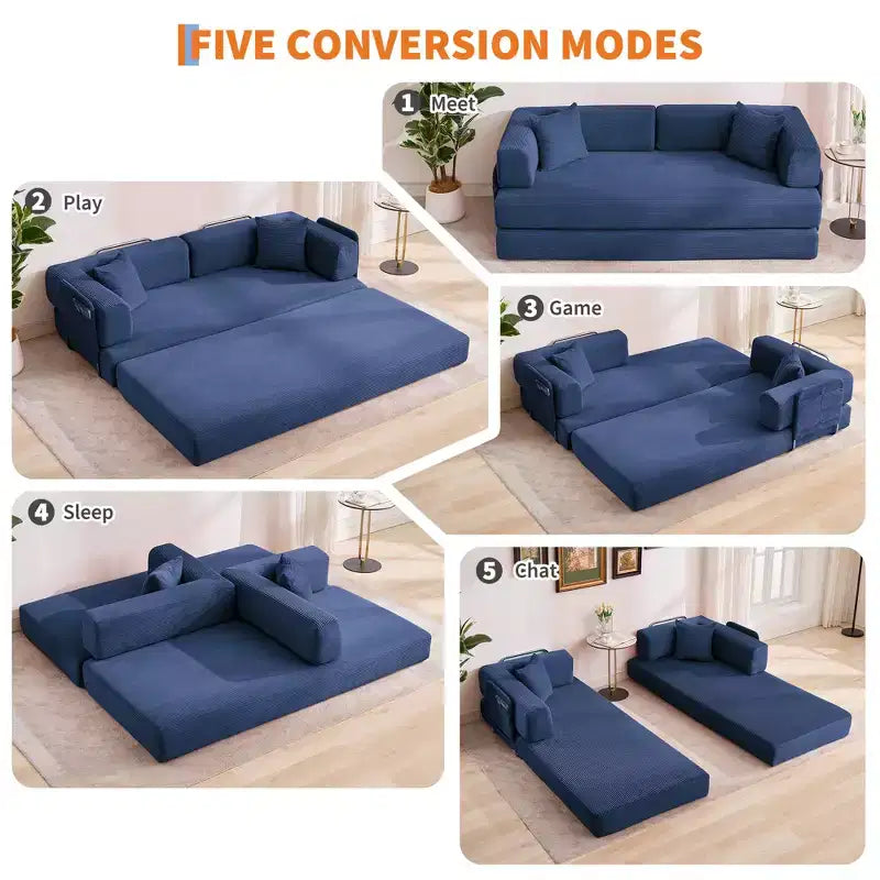 Modern 79 Corduroy Futon Sofa Bed for Small Spaces, 5-in-1 Convertible Sleeper Couch with Removable Armrests & Pillows