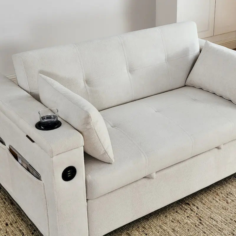 54 Pull-Out Sleeper Sofa Bed, 2 Seat Recliner Sofa Bed with Storage, Lumbar Pillow, USB Power Outlet