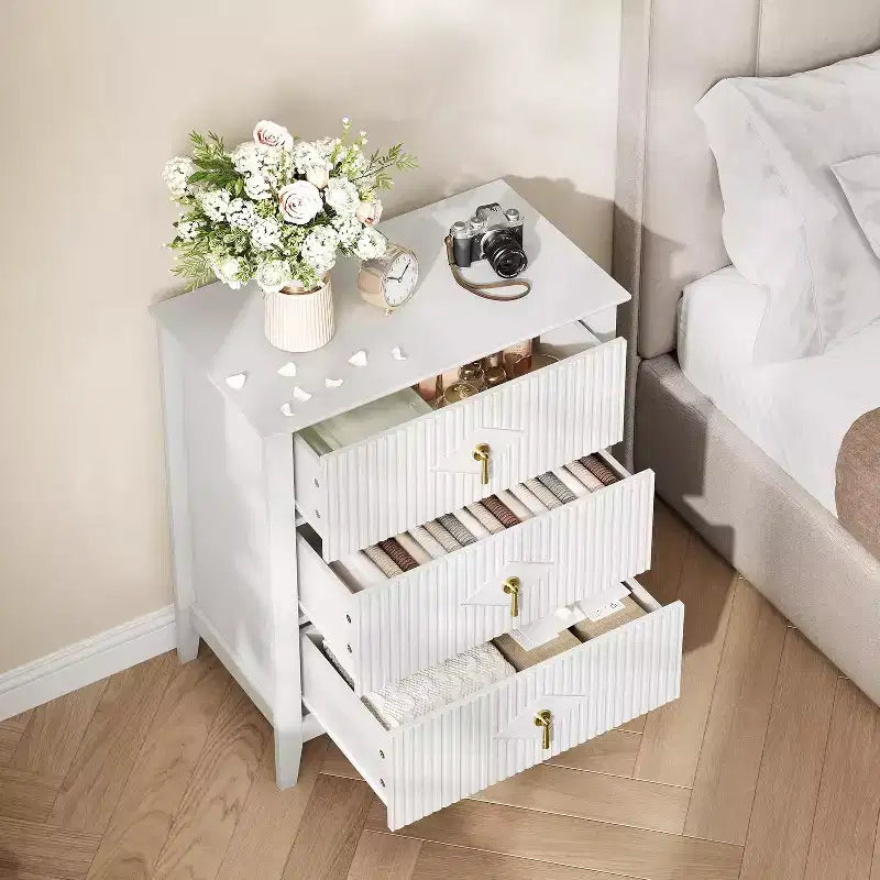 2Pcs Fluted Wood Nightstands, 27.5 Wide 3-Drawer Dresser Set, Modern Bedside Tables, Chest of Drawers for Bedroom, Living Room
