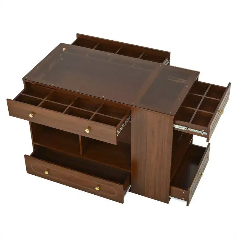 Closet Island with 6 Drawers, Glass Display Top & Open Shelves