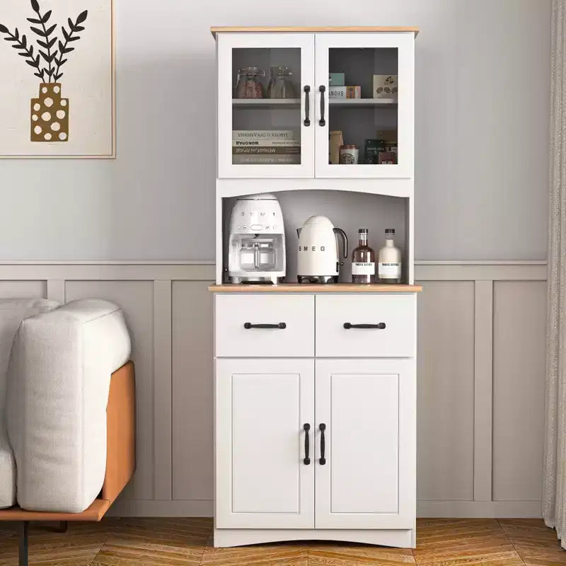 23 Wooden Kitchen Cabinet, Pantry Microwave Cabinet with Glass Doors and Drawers, Adjustable Shelves, White