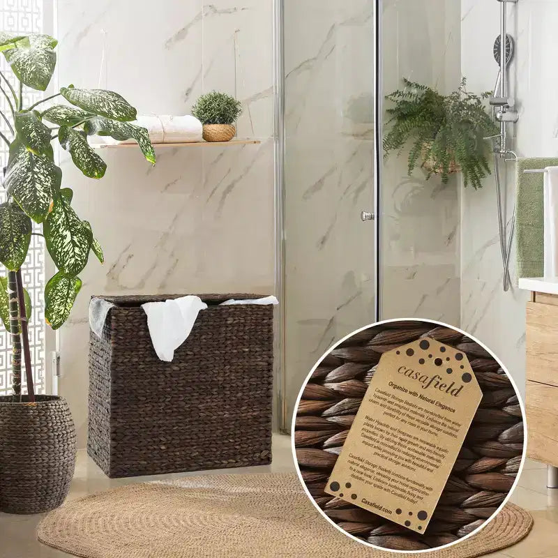 Casafield 2-Section Laundry Hamper with Lid and Removable Liner Bags, Woven Water Hyacinth Laundry Basket Sorter for Clothes