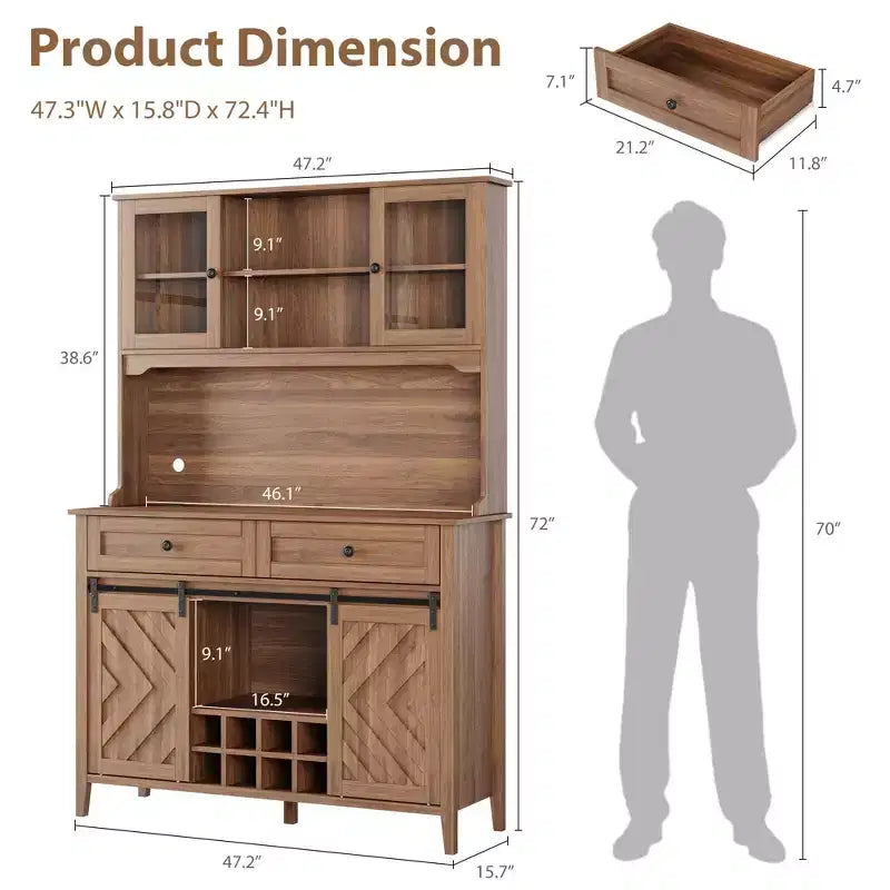 72 Farmhouse Bar Cabinet with Sliding Barn Door  Large Kitchen Buffet with Hutch, Charging Station, 2 Drawers & 8 Storage Shelves  Coffee