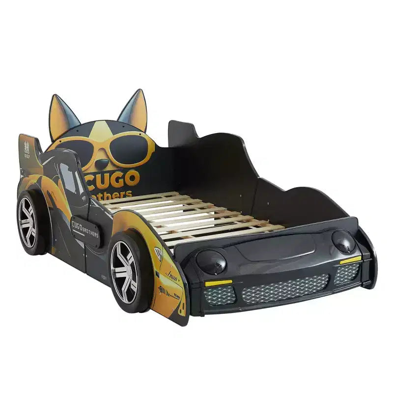 GDFStudio Fauna Twin Size Modern Cartoon Racing Car Bed with LED Headlights