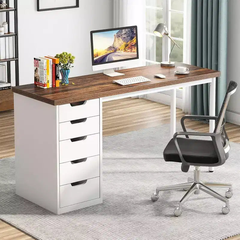 Lantine Computer Desk with 5 Drawers, 47 inches Modern Simple Home Office Desk Study Writing Table for Small Spaces