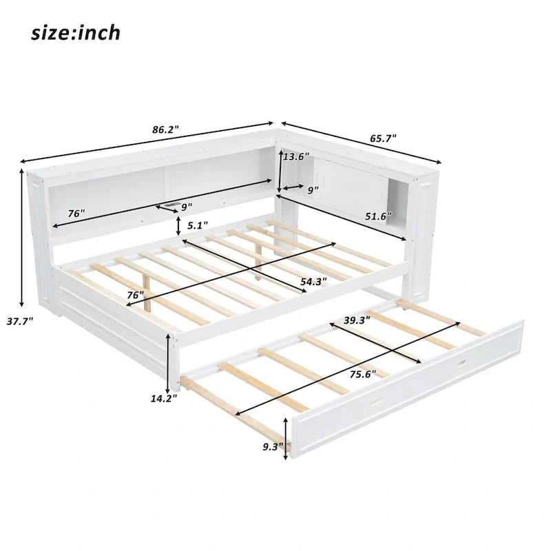 Lit de repos double avec étagères, chargement USB, lumières LED et lit gigogne simple