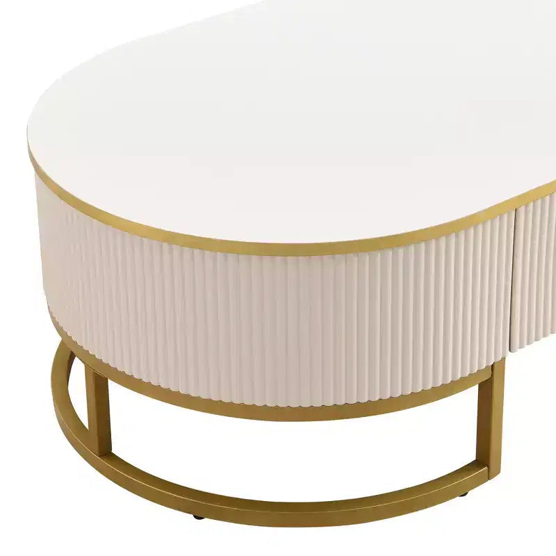 47W Modern Coffee Table Cocktail Table Center Table Accent Table with Drawers, Curved Profile Design, Gold Metal Leg, Oval, White+Gold-ModernLuxe