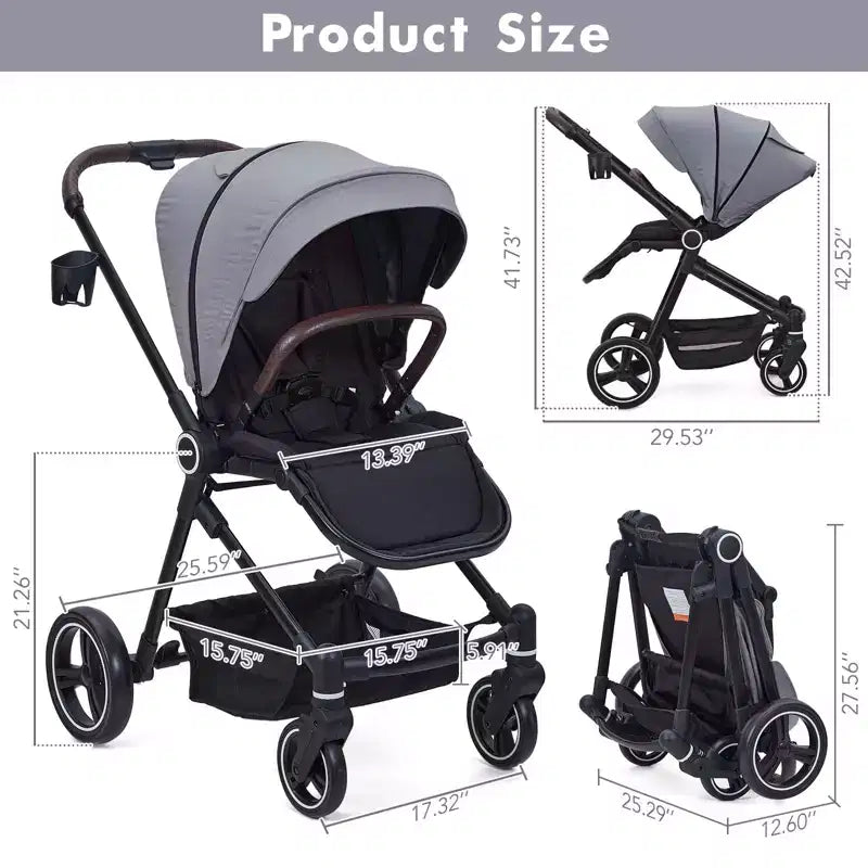 Baby Stroller, Foldable Stroller - High Landscape Pushchair for Newborn & Toddler, Convertible Pram with Reversible Backrest