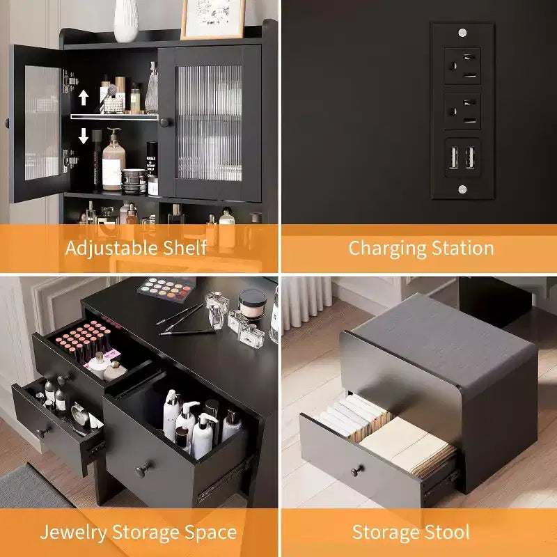 3-in-1 Makeup Vanity Desk with Lighted Mirror, Compact Vanity Table with Drawers, Storage Compartment & Rolling Stool for Bedroom