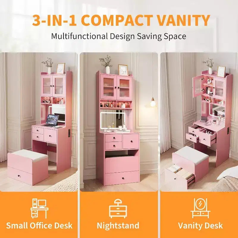 3-in-1 Makeup Vanity Desk with Lighted Mirror, Compact Vanity Table with Drawers, Storage Compartment & Rolling Stool for Bedroom