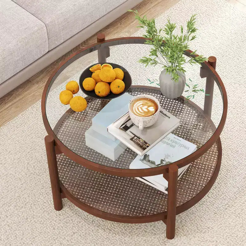 31 Round Coffee Table with Tempered Glass Top & Rattan Shelf
