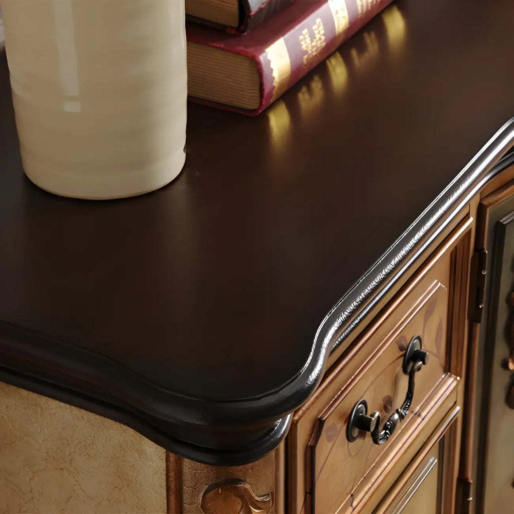 French Coffee Wood Storage Console Table with Drawers