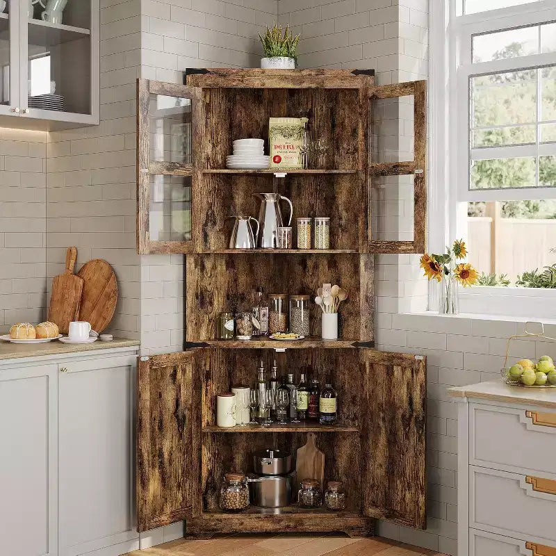 69 Tall Corner Cabinet, Farmhouse Corner Storage Cabinet, Space Saving Storage, Glass Door, Adjustable Shelves, for Living Room, Kitchen