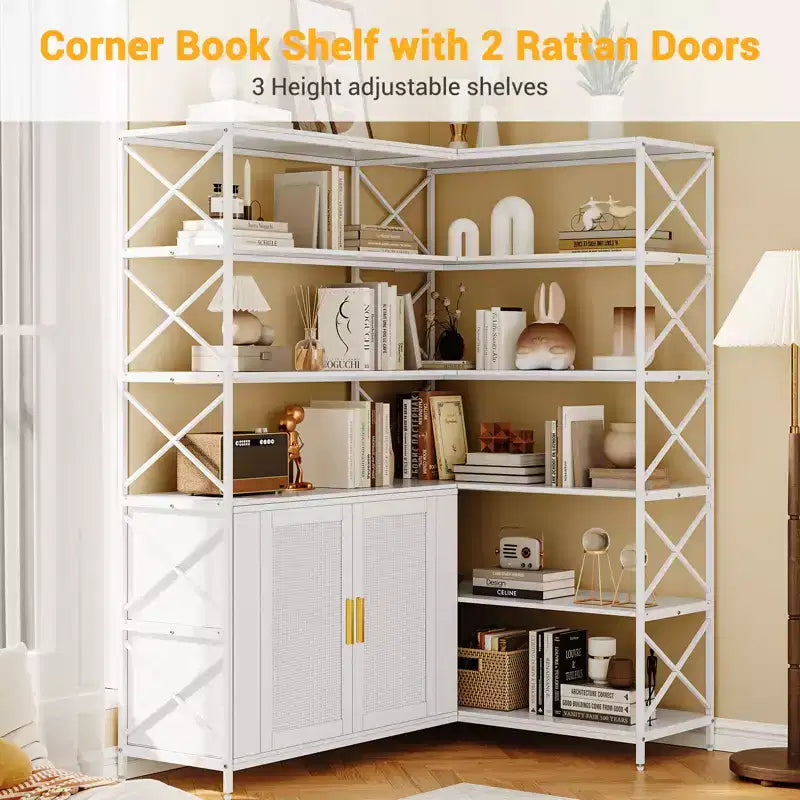 Corner Bookshelf - 6 Tier Corner Book Shelf with Storage, Farmhouse L Shaped Book-Shelf with Cabinet, Modern Industrial Bookcase for Home Office