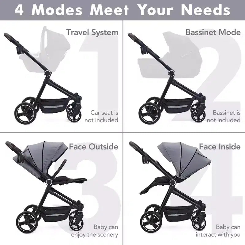 Baby Stroller, Foldable Stroller - High Landscape Pushchair for Newborn & Toddler, Convertible Pram with Reversible Backrest