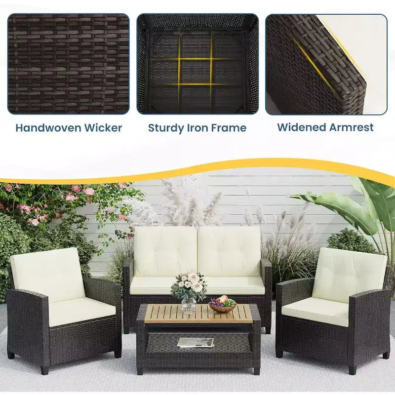 Heynemo 4-Piece Patio Furniture Set, All Weather Wicker Patio Conversation Seating Sets with 2-Tier Coffee Table, Outdoor Sofa Couch