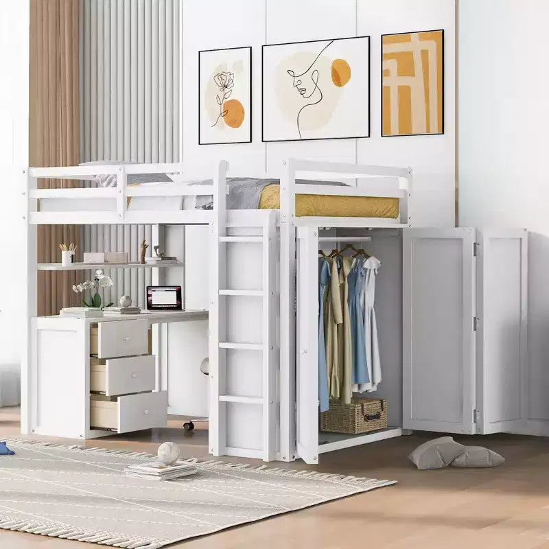 CLIHOME Full size Loft Bed with 3 Storage Drawers, Desk and Wardrobe