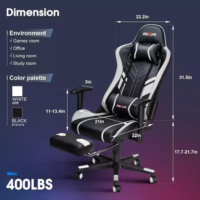 Douxlife Modern 7-Point Massage Ergonomic Gaming Chair with Footrest & Adjustable Armrests Black White