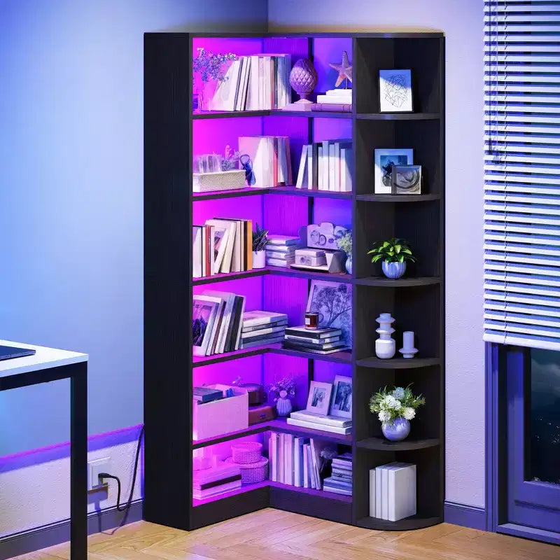 6 Tier Bookshelf with LED Light 70.8inch Modern Bookcase, L-Shaped Bookcase Corner shelf Storage Organizer Display Shelf
