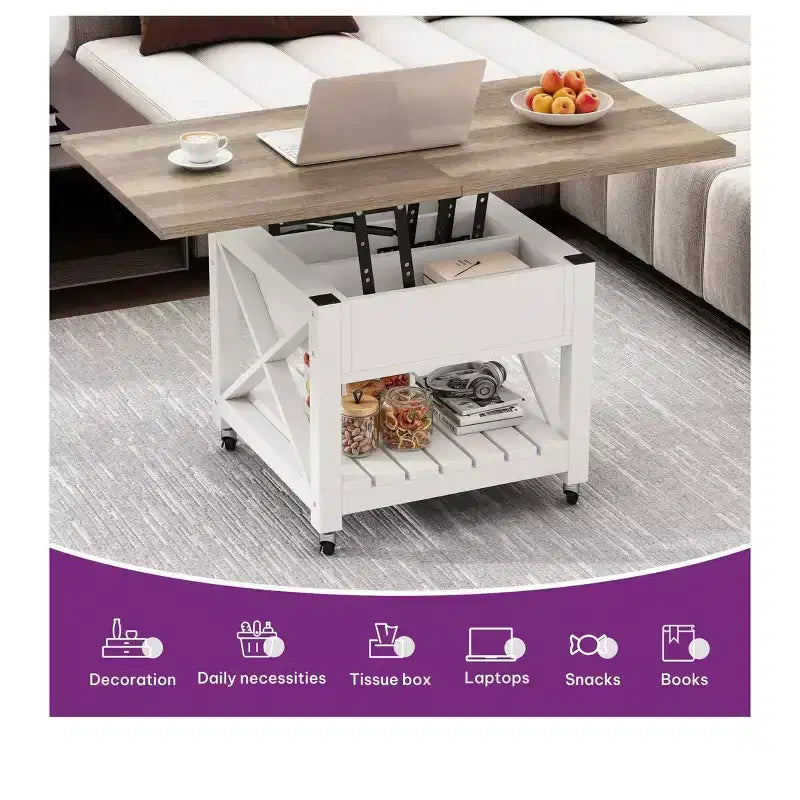 3-In-1 Lift Top Square Coffee Table With Wheels Stools Multi-Function 2 Tier Dining Table With Hidden and Open Storage Living Room Dining Room
