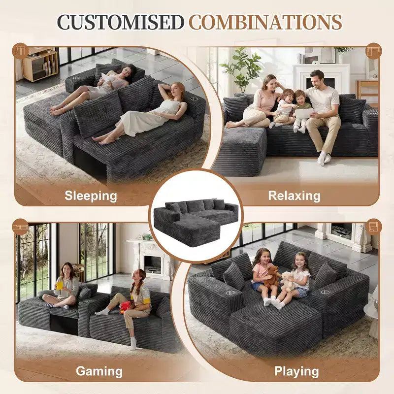 Celebalcony 103 Boneless Modular Sectional Sofa, L-Shaped Chaise with 2 Cup Holders, Plush Corduroy Cloud Couches for Living Room, No Assembly