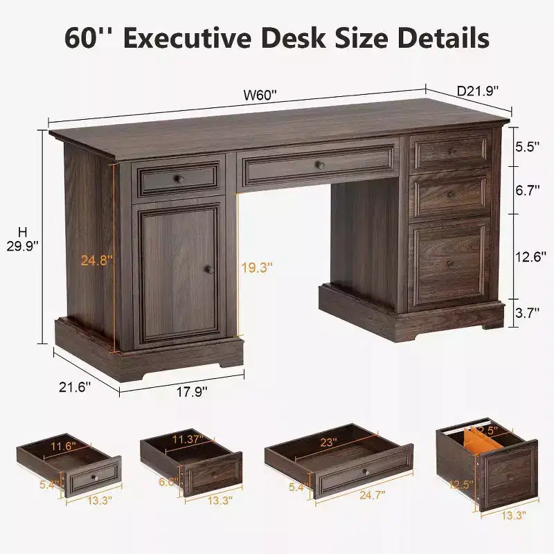Bureau exécutif 60 po de style campagnard pour bureau à domicile – Bureau d'écriture en bois avec tiroirs, rangement d'armoire, bureau rustique pour le travail et les études