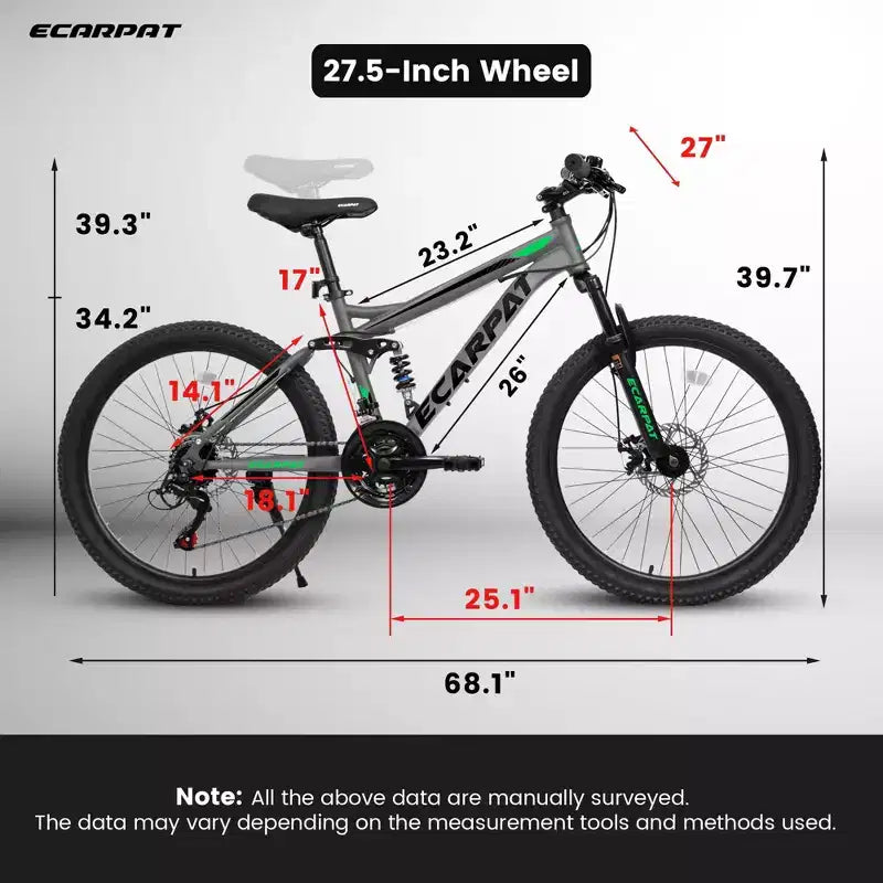 Okak 27.5IN Mountain Bike with Front and Rear Dual Shock Absorbers, 21-Speed Dirt Bike with Mechanical Disc Brake, Adult Bike for Men and Women