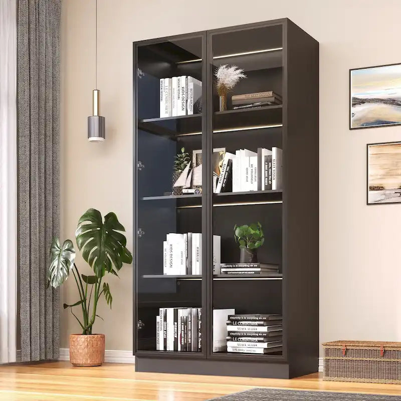 Display Storage Cabinet,Display Cabinet with Tempered Glass Doors, Showcase with 4-Tier Storage Shelves