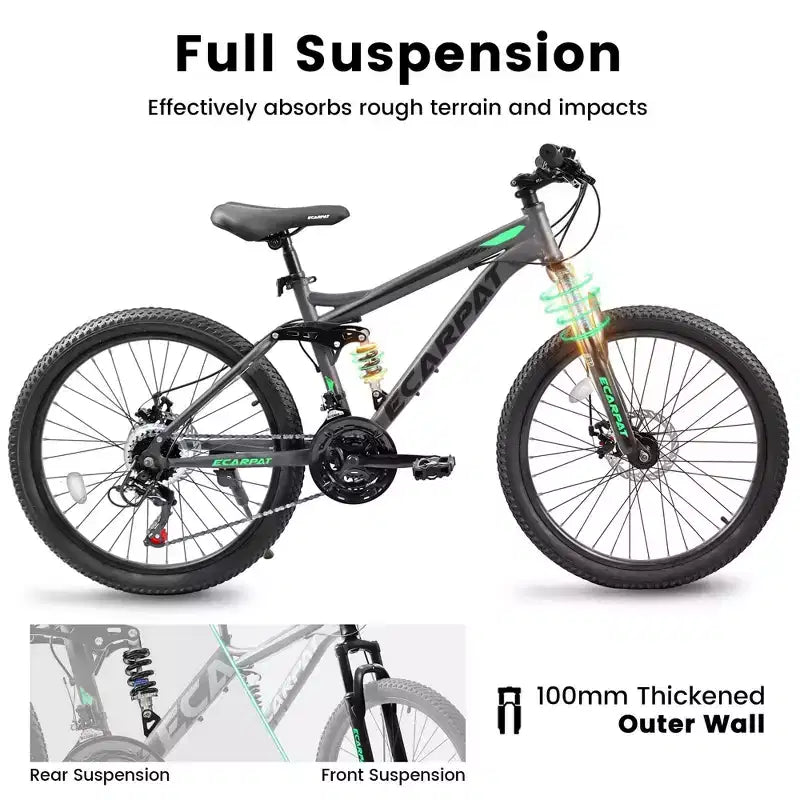 VTT Okak 24 pouces en acier au carbone avec suspension intégrale, vélo homme avec leviers de vitesses 21 vitesses et freins à disque, vélo pour enfants et adultes