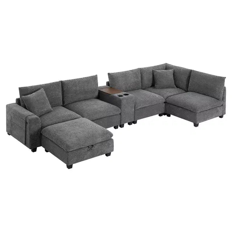 Canapé sectionnel modulaire surdimensionné Clihome 140 avec pouf de rangement mobile, porte-gobelet, siège large, chargeur USB, canapé en velours côtelé en forme de U à 6 places