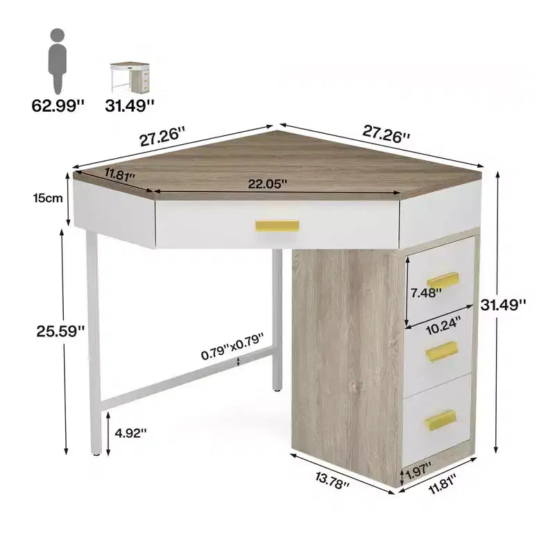 MAYEERTY 90 Triangle Corner Desk with 4 Drawers, Vanity Makeup Computer Desk
