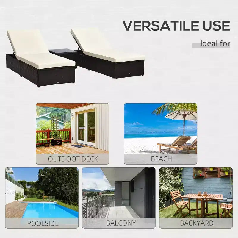 Chaise Lounge Chair Set of 2 with 5 Angle Backrest, Outdoor Coffee Table, Water Repellent Cushions, PE Rattan Wicker Poolside Chairs