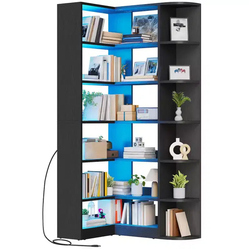 6 Tier Bookshelf with LED Light 70.8inch Modern Bookcase, L-Shaped Bookcase Corner shelf Storage Organizer Display Shelf