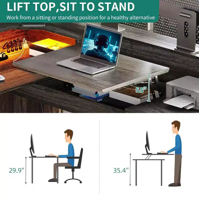 Balconera L Shaped Desk with Drawers 60inch Corner Computer Desk with Power Outlets & Lift Top with Storage Cabinet & LED Lights Grey