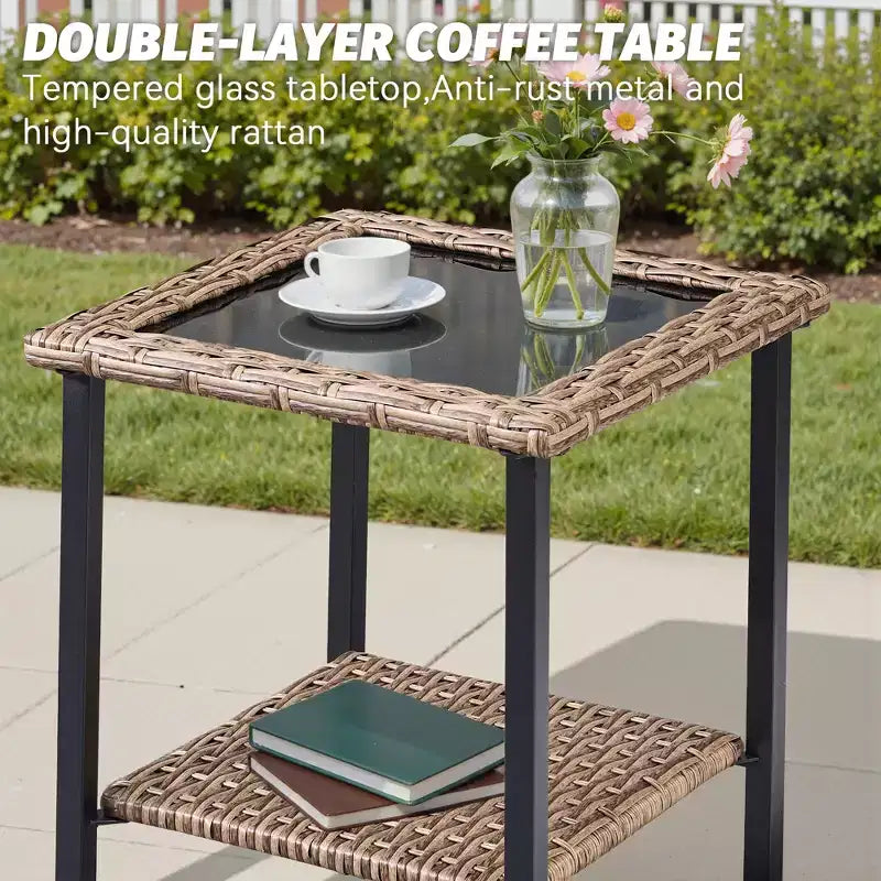 GDFStudio Halston Outdoor Wicker Chat Set with Cushions and Side Table
