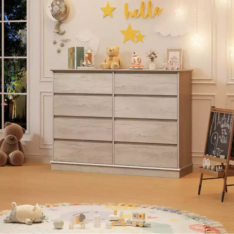 Modern Dresser for Bedroom with 8 Drawers, Wooden Storage Organizer Unit for Closet, Wide Chest of Drawers